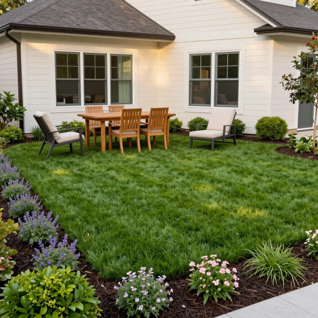 Backyard patio with wooden dining set, lounge chairs, and lush green lawn beside a white house