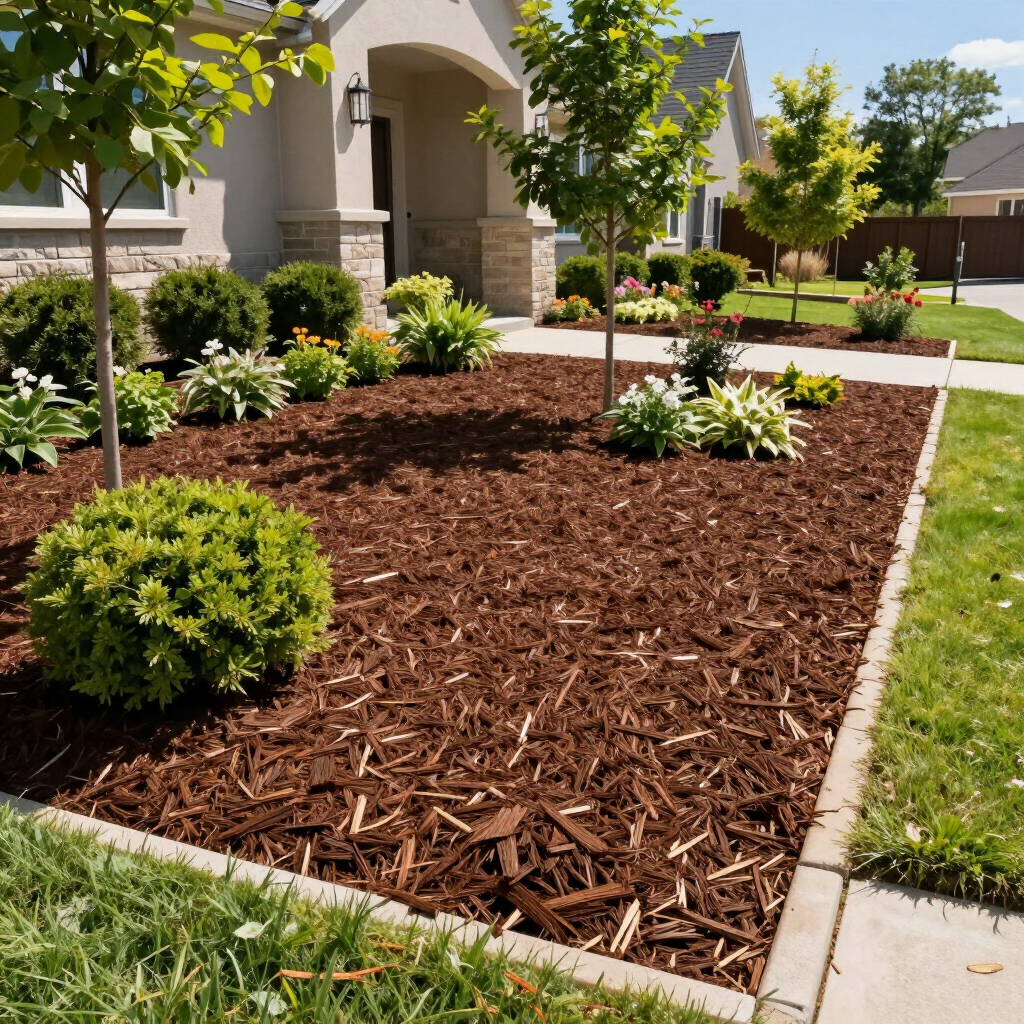 Landscaped front yard with mulch bed, shrubs, flowers, and a sidewalk beside a house