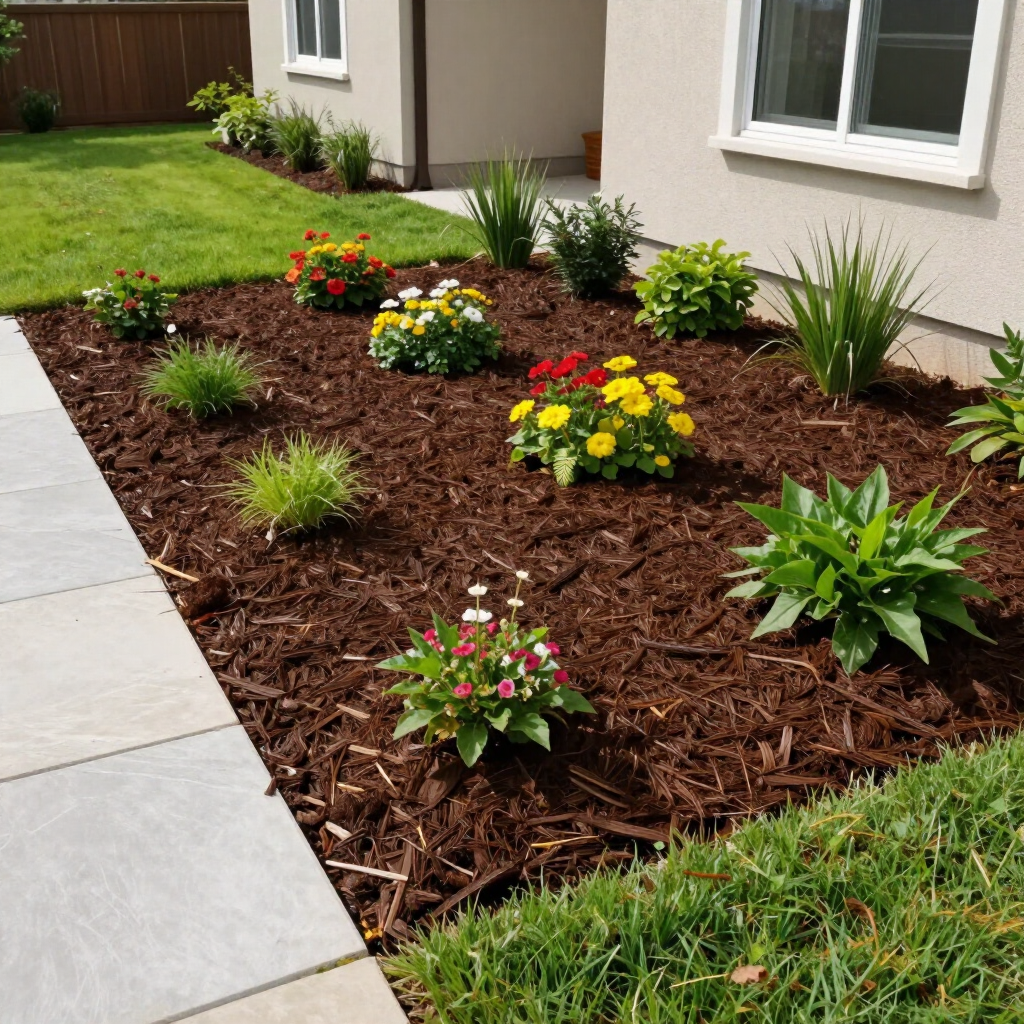 Freshly mulched front garden bed with colorful flowers and shrubs beside a house and sidewalk