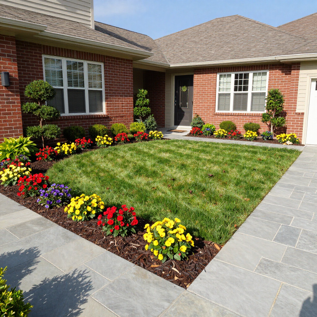Brick house front yard with colorful flower beds around a green lawn and gray walkway