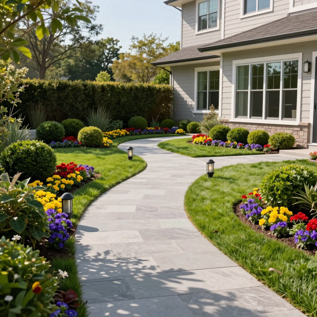 Curved garden path leading to a house, bordered by colorful flower beds and manicured lawn.