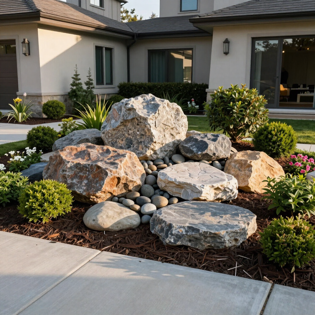 Front yard rock garden with stacked boulders, small shrubs, and a concrete walkway by a modern house