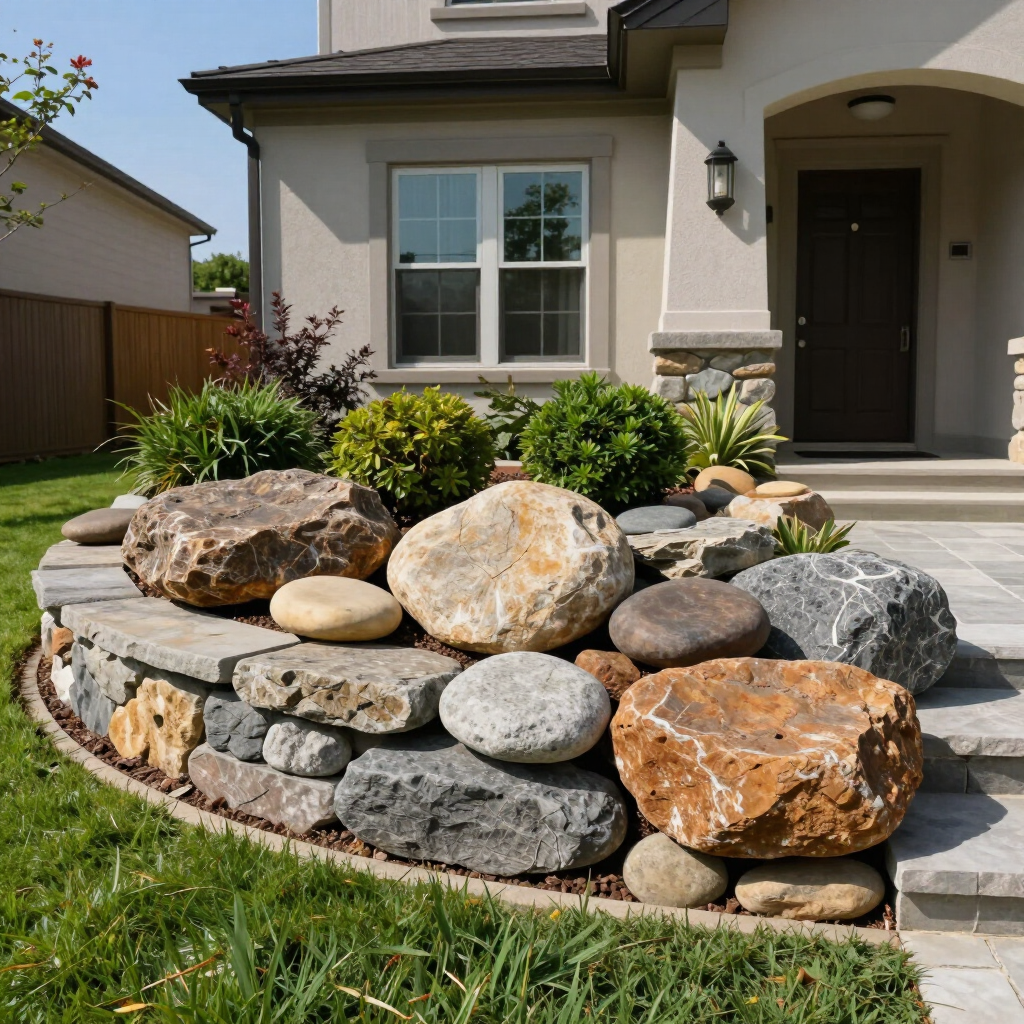 Front yard rock garden with stacked stone border and large decorative boulders beside a house entry