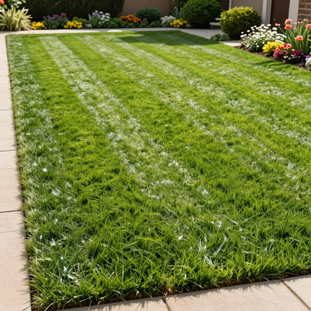 Freshly mowed green lawn with striped pattern beside a garden border of colorful flowers and shrubs