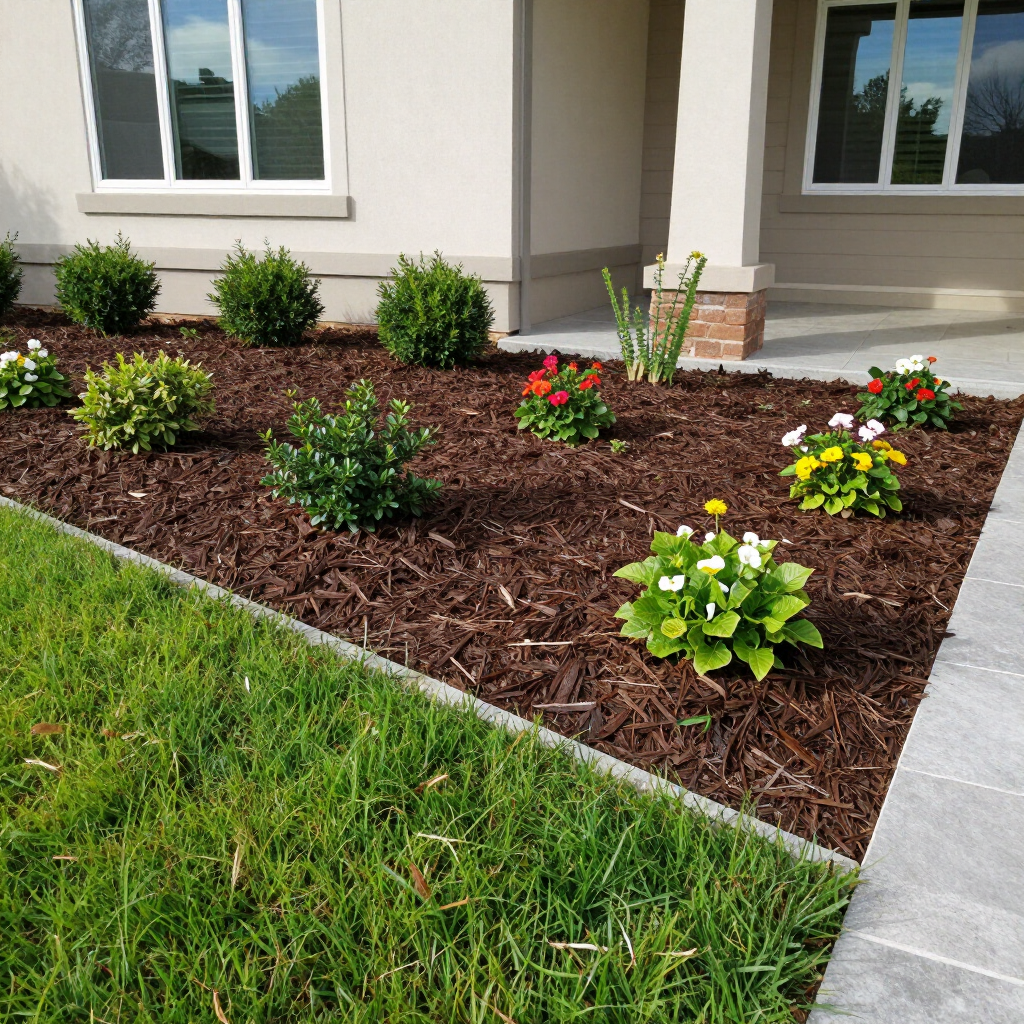 Front yard flower bed with mulch, green shrubs, and yellow, red, and white flowers beside a house and sidewalk