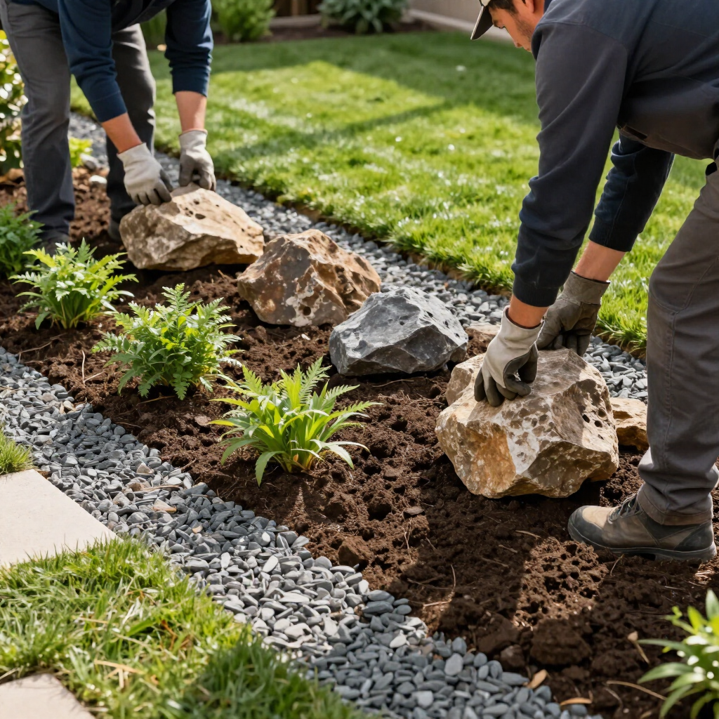 Workers arranging large rocks and plants in a landscaped garden bed with gravel and edging.