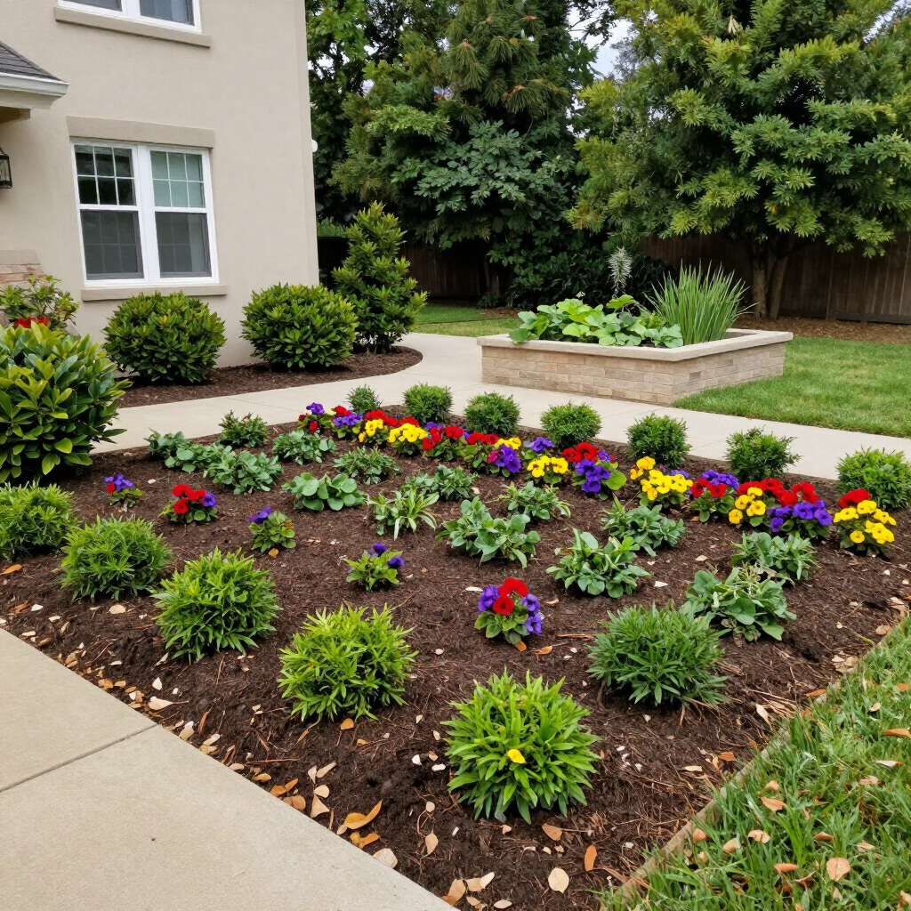 Colorful flower bed with pansies and green shrubs beside a house sidewalk and lawn