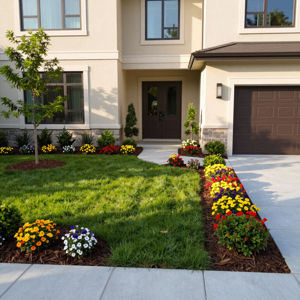 Landscaped front yard with green lawn, colorful flower beds, and a beige house with a brown garage door.