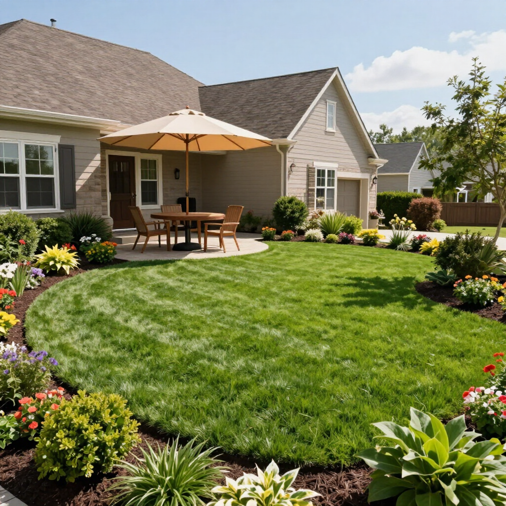 Backyard patio with tan umbrella, table and chairs, and a manicured green lawn bordered by colorful flowers