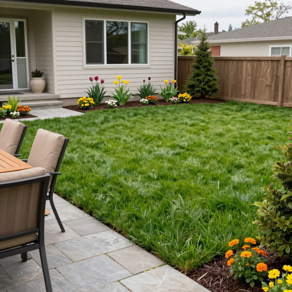 Backyard patio with green lawn, flower beds, wooden fence, and beige house exterior