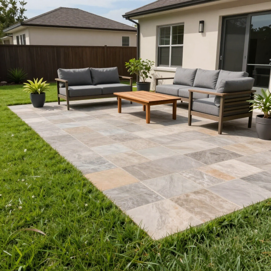 Modern backyard patio with gray outdoor sofas, wooden coffee table, and large stone pavers beside a lawn