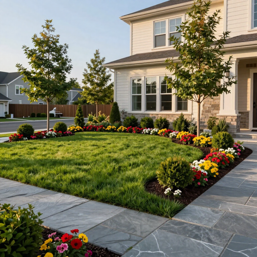 Suburban house with manicured lawn and colorful flower beds along a walkway