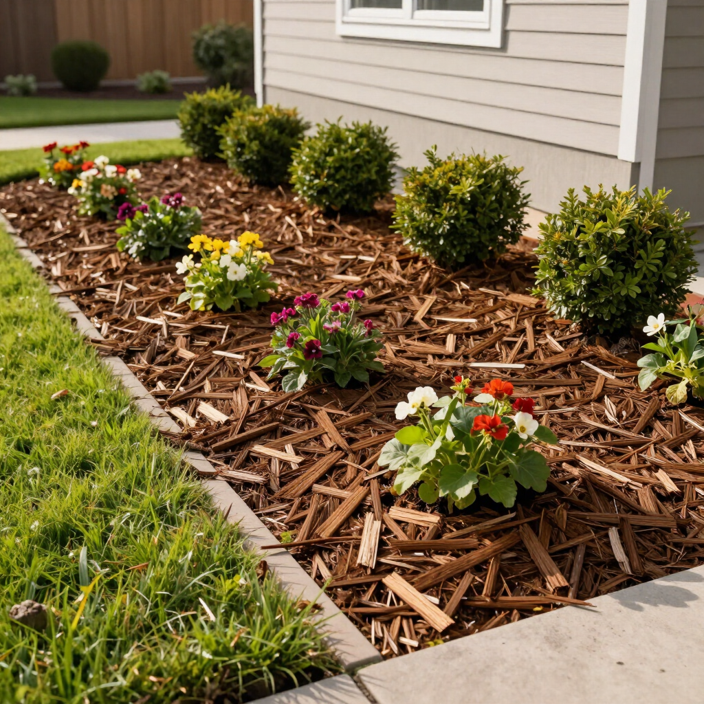 Mulched flower bed with small blooming shrubs beside a house and sidewalk