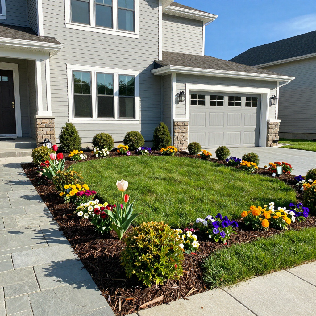 Front yard with a green lawn, colorful flower beds, and a gray house with a garage on a sunny day