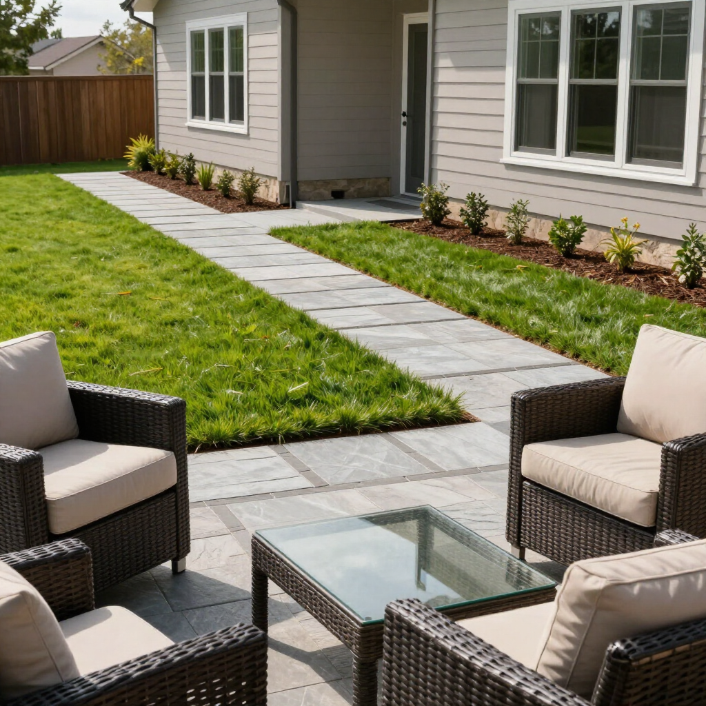 Modern backyard patio with wicker chairs, glass table, and a stone path leading to a house entrance