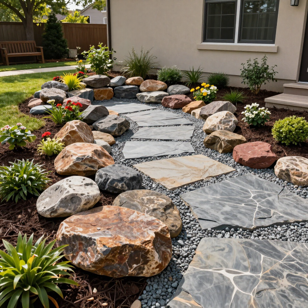 Stone garden path with large rocks, stepping stones, and surrounding plants beside a house exterior