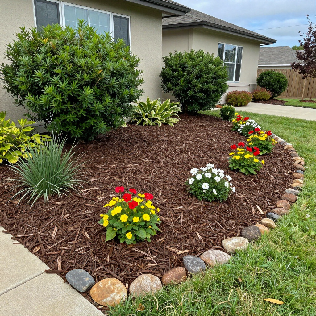 Landscaped front yard flower bed with yellow, red, and white blooms beside a house and sidewalk