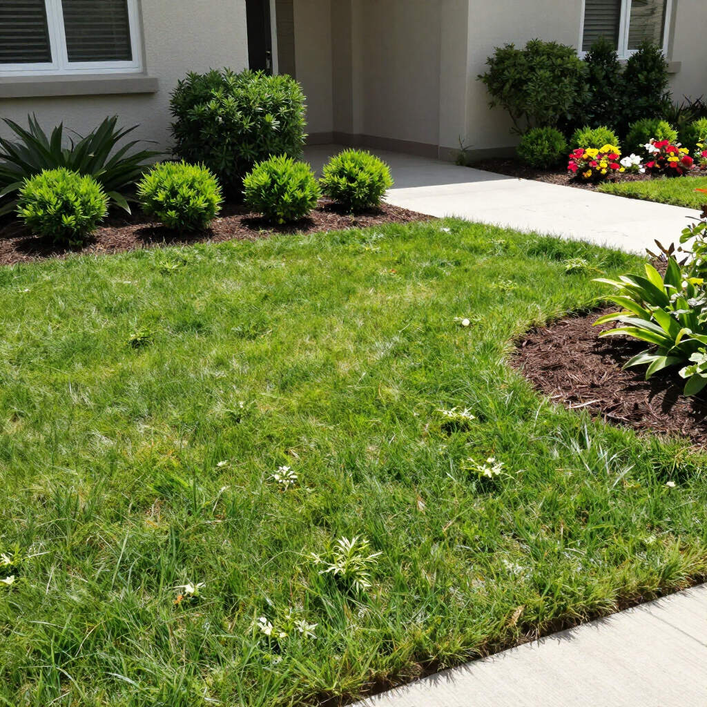 Front yard lawn with trimmed shrubs and colorful flower beds beside a house walkway