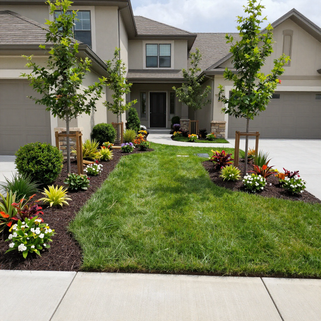 Front yard with a manicured lawn, young trees, and colorful flower beds in front of a suburban house.