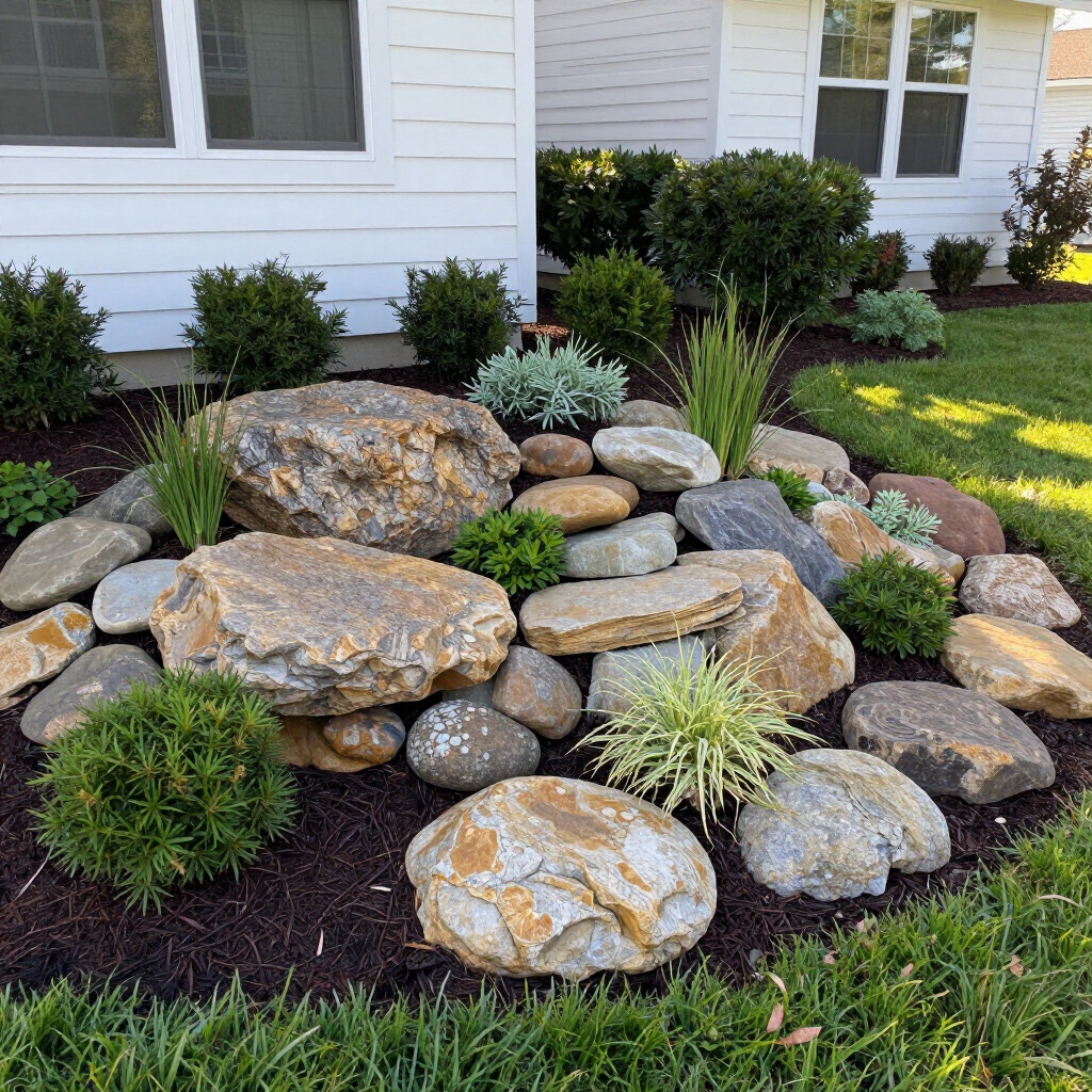 Decorative rock garden with large stones and shrubs in front of a white house