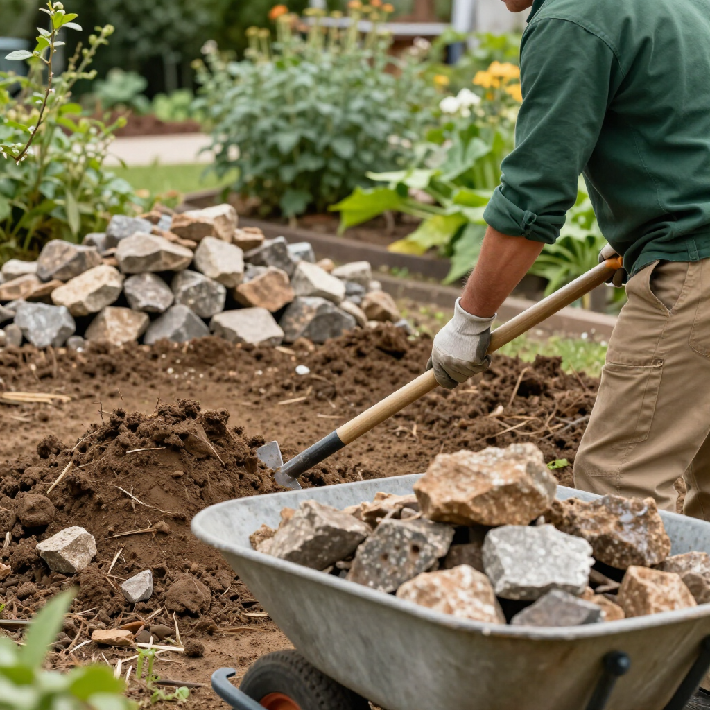 Person shoveling dirt into a wheelbarrow beside a pile of rocks in a garden bed