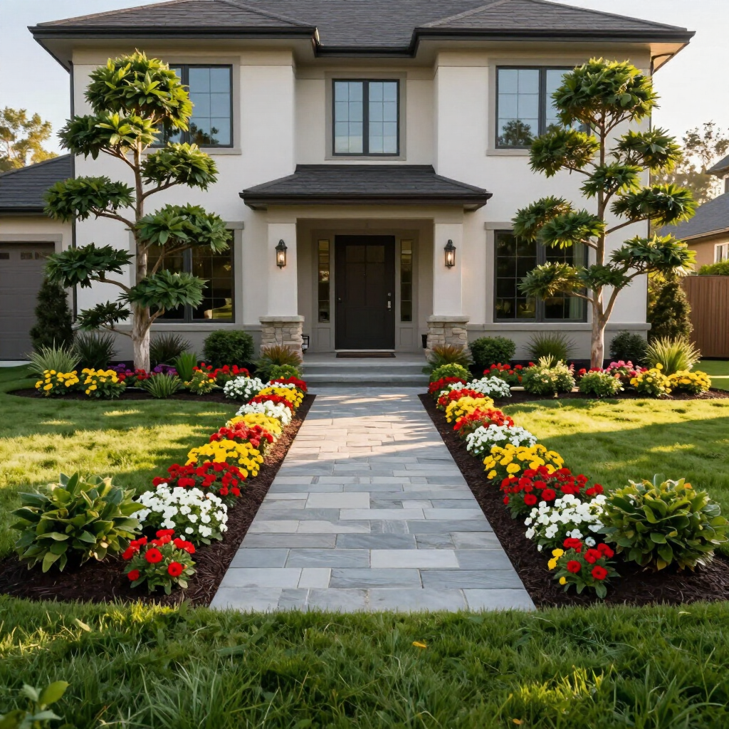Modern two-story house with a stone walkway, trimmed trees, and colorful flower beds in the front yard