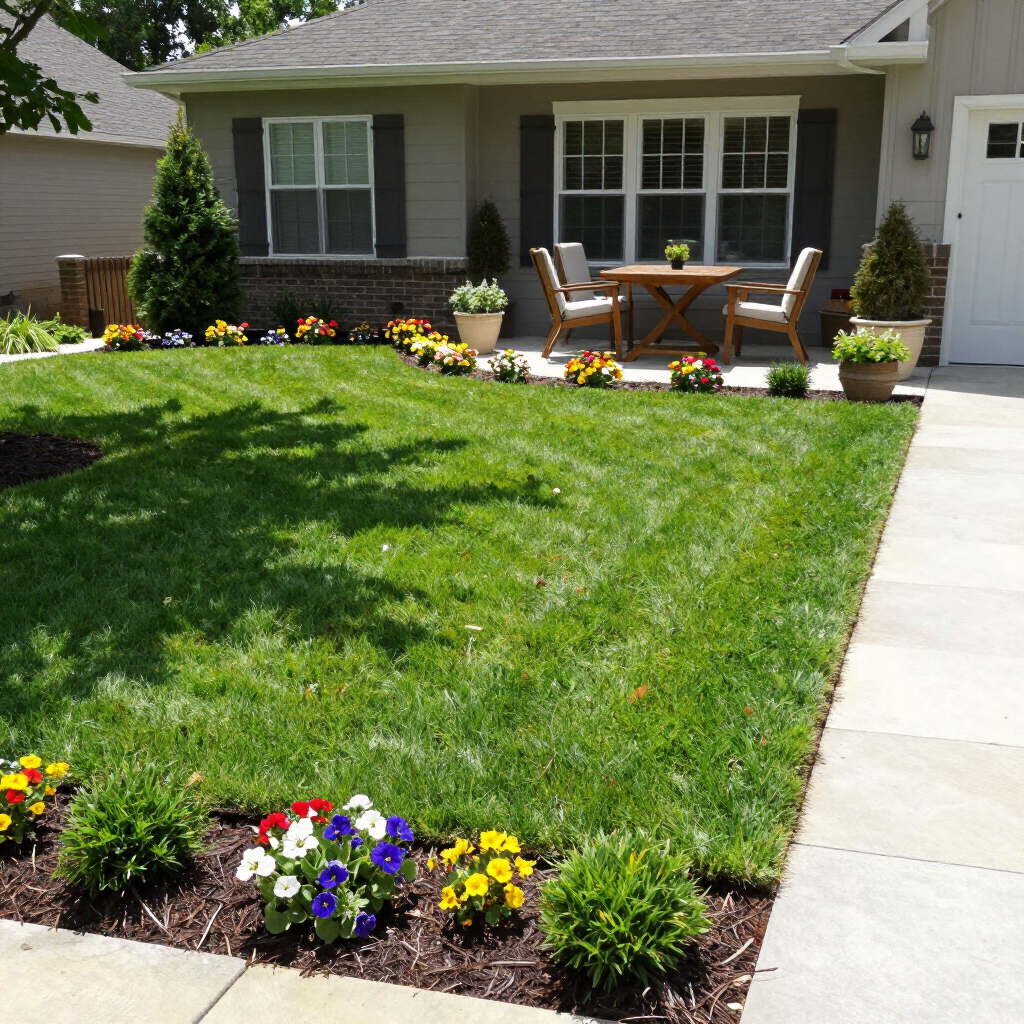 Front yard with lush green lawn, flower beds, and a small seating area by a house porch