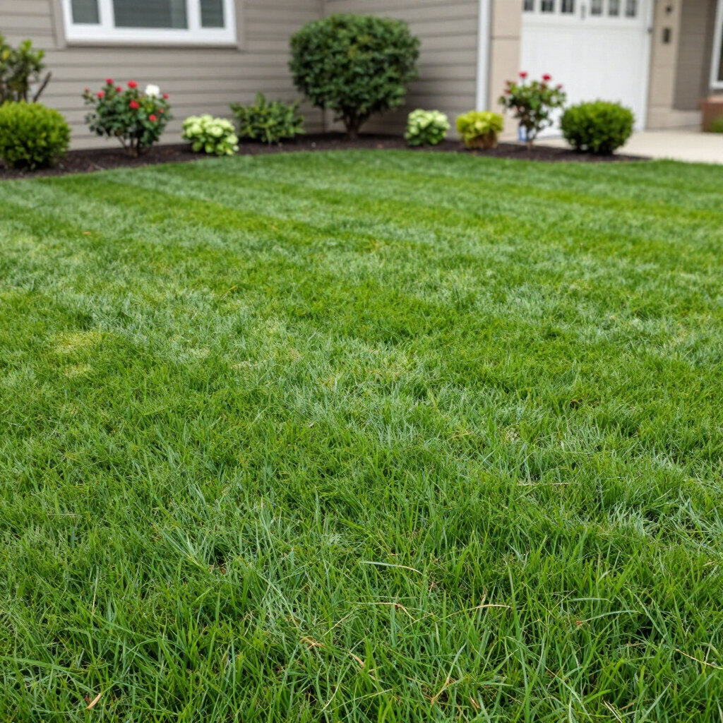Well-kept green lawn in front of a beige house with shrubs and flowers