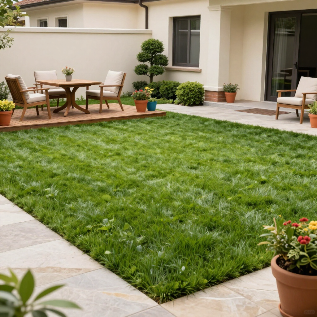 Patio with outdoor dining set and potted plants surrounding a lush green lawn