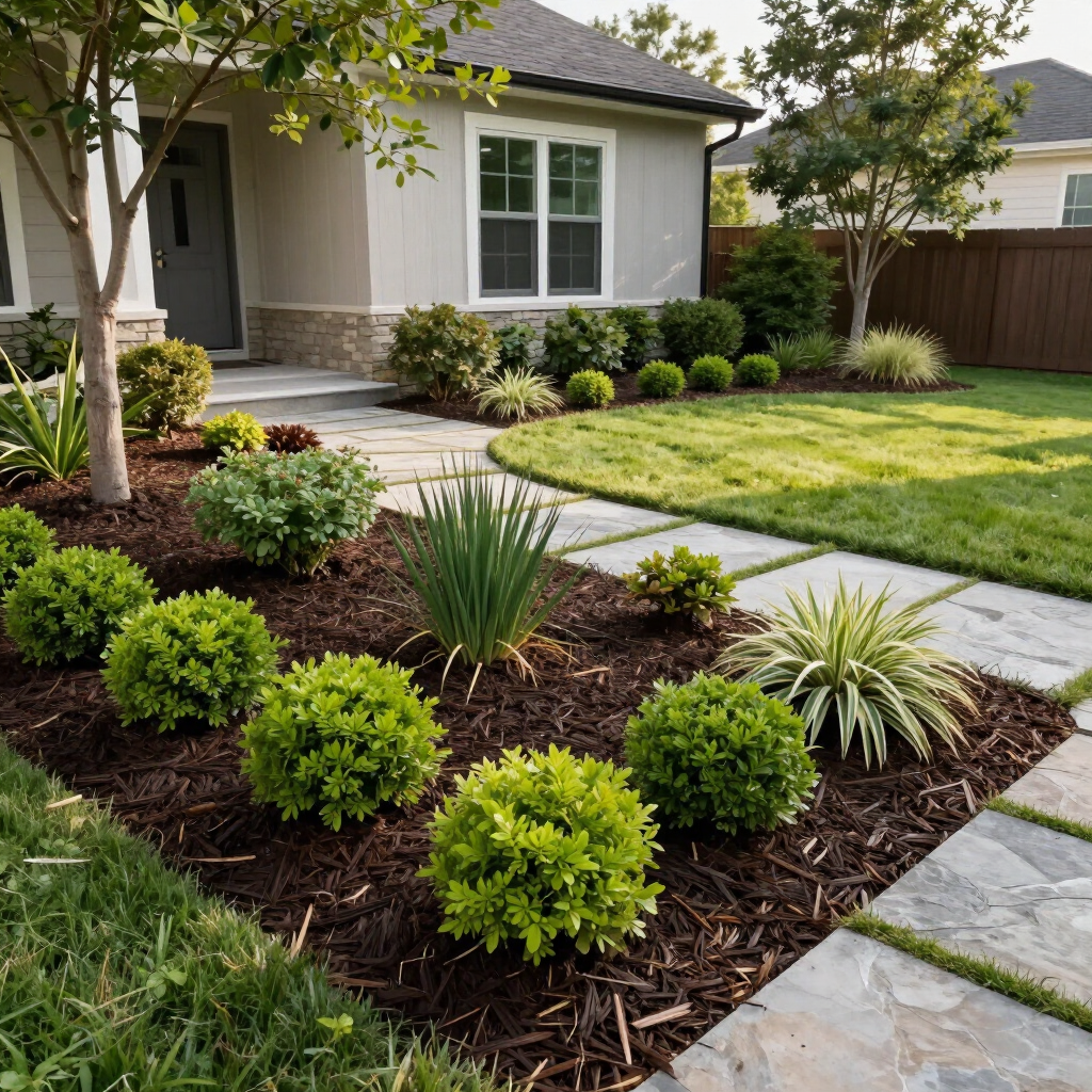 Landscaped front yard with shrubs, mulch, stone path, and a house exterior