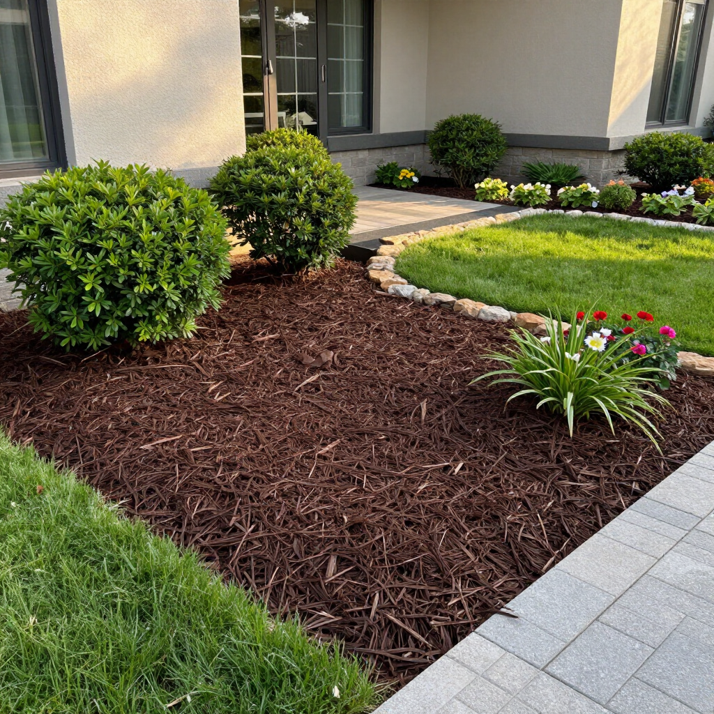 Front yard garden bed with shrubs, mulch, white flowers, and a stone walkway beside a house