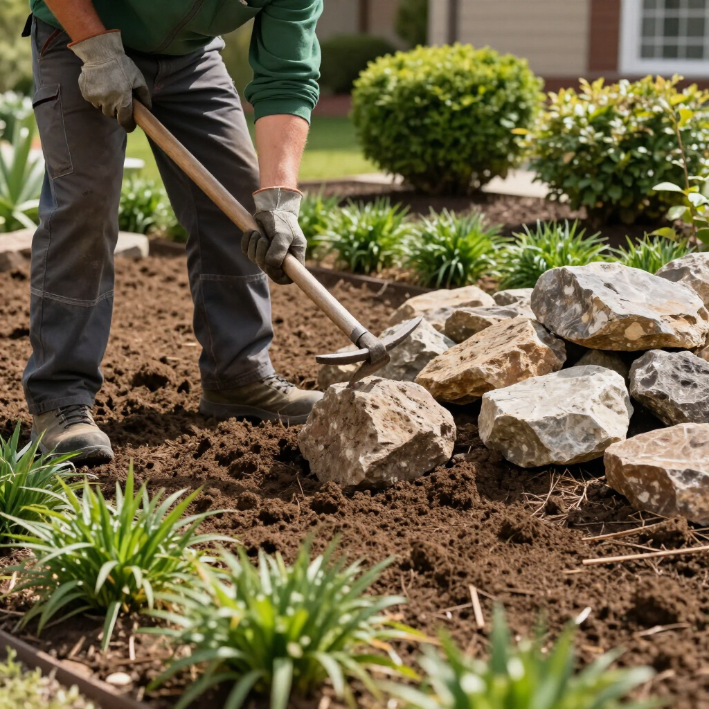 Gardener moving rocks with a shovel in a landscaped garden bed