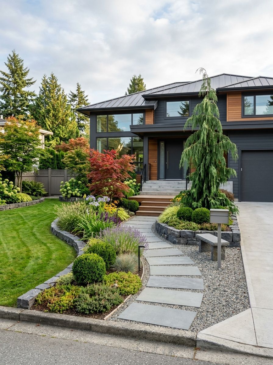 Modern two-story house with landscaped front yard, curved stone path, and trimmed shrubs