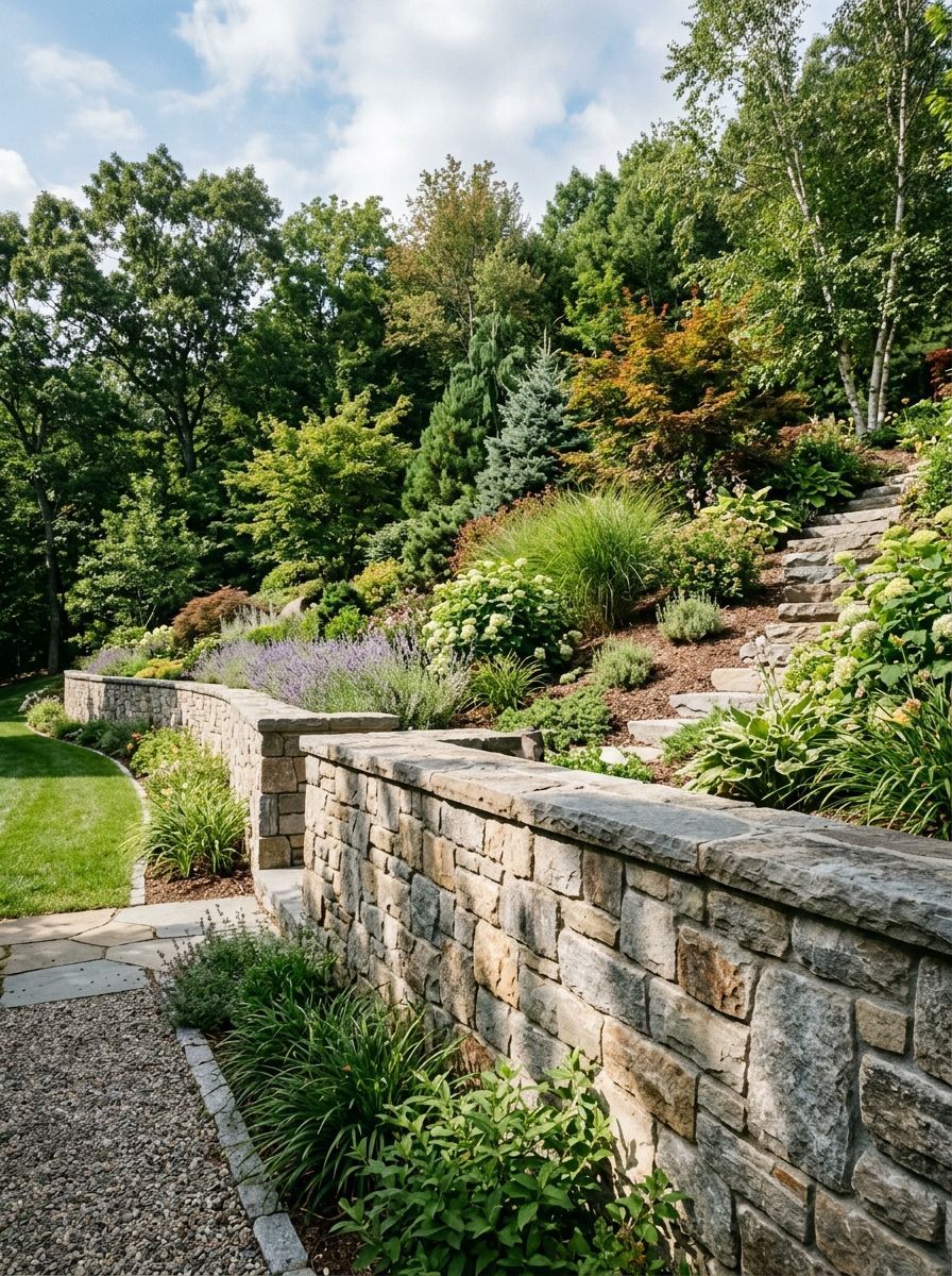 Stone garden wall beside a gravel path, with lush green plants and trees on a sunny hillside