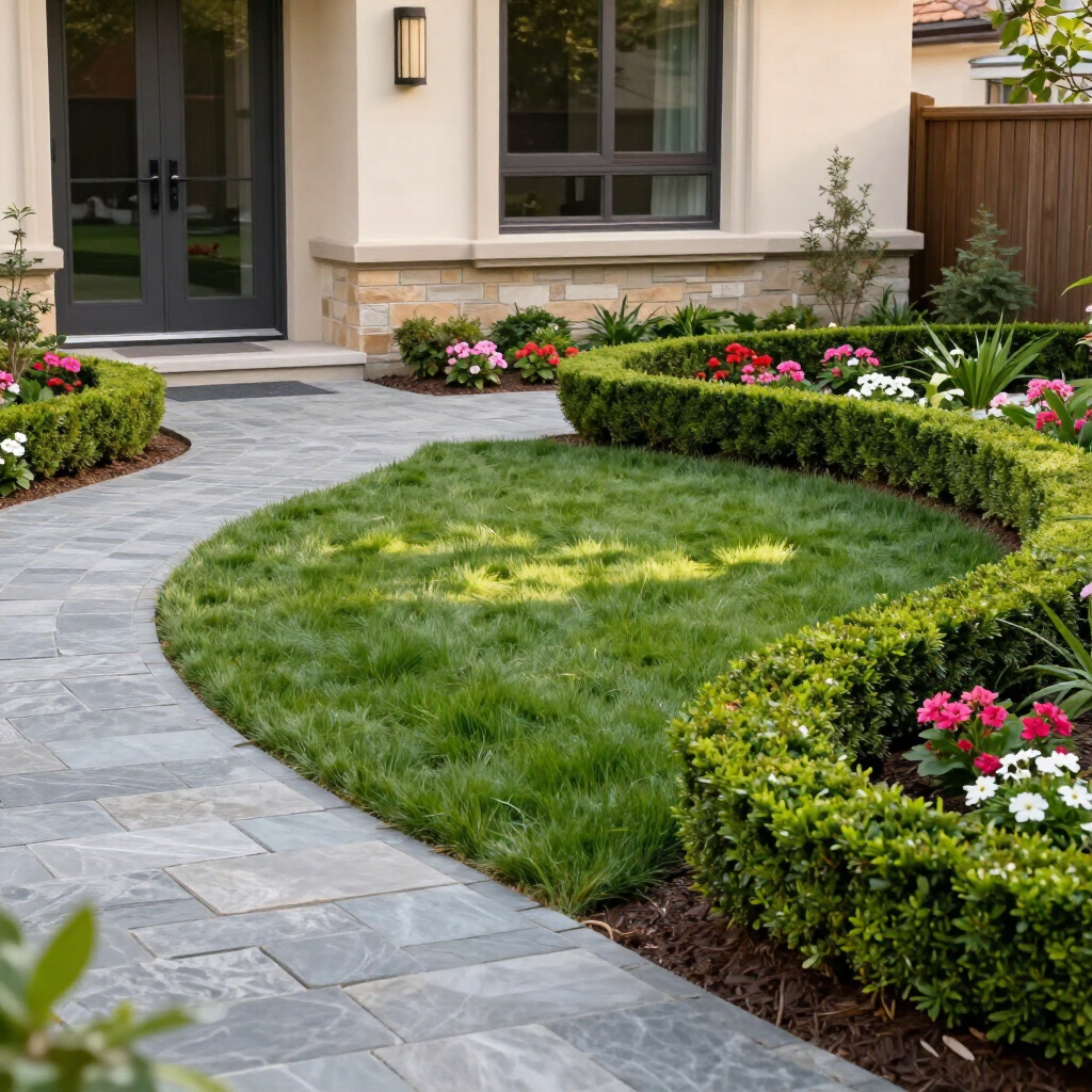 Curved stone walkway beside a manicured lawn and trimmed hedges with pink flowers outside a modern house