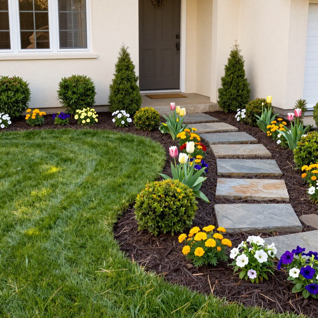 Front yard garden with stone path, colorful flowers, trimmed shrubs, and a house entrance