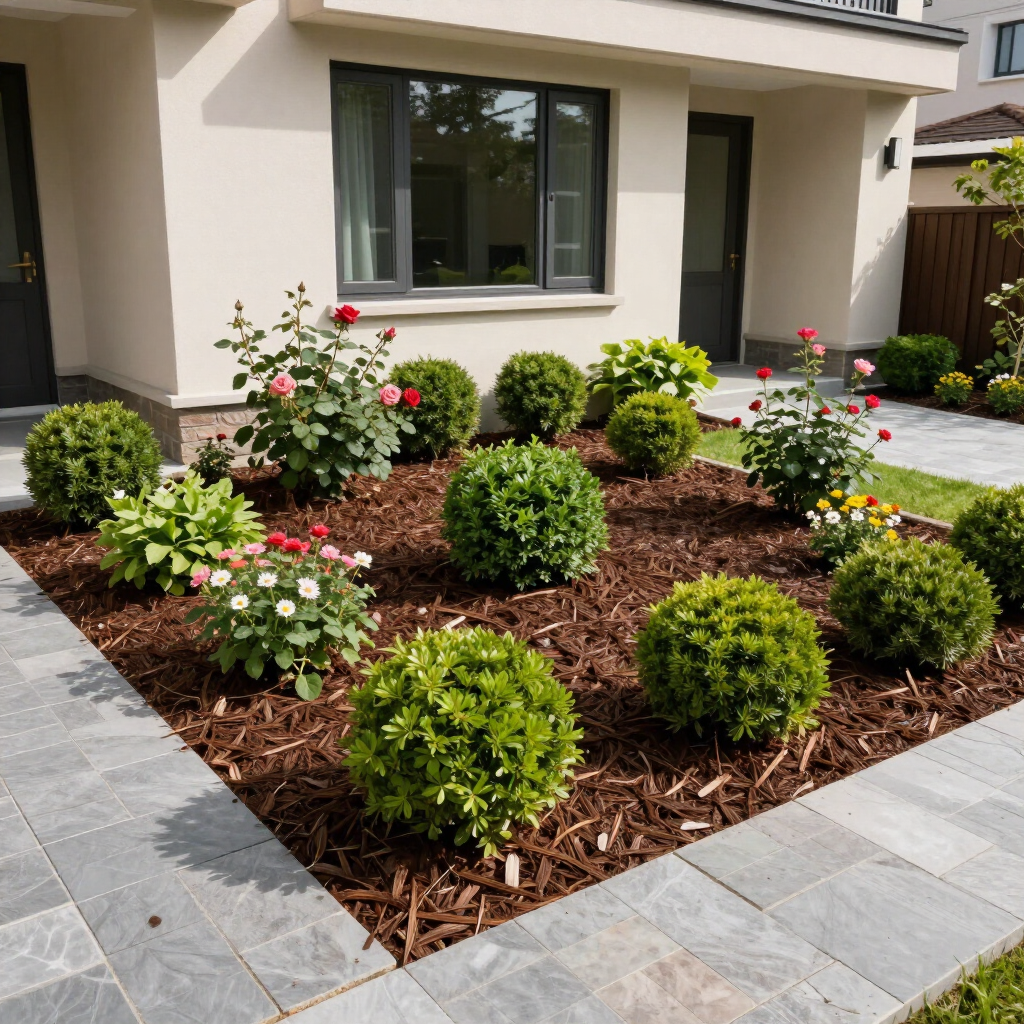 Landscaped front yard with round shrubs, pink flowers, and mulch beside a house and stone walkway