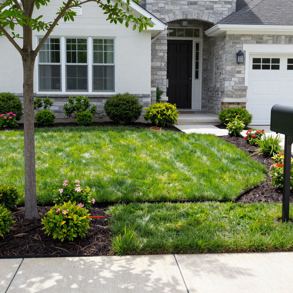 Suburban front yard with green lawn, small shrubs, a tree, and a house entrance with garage.