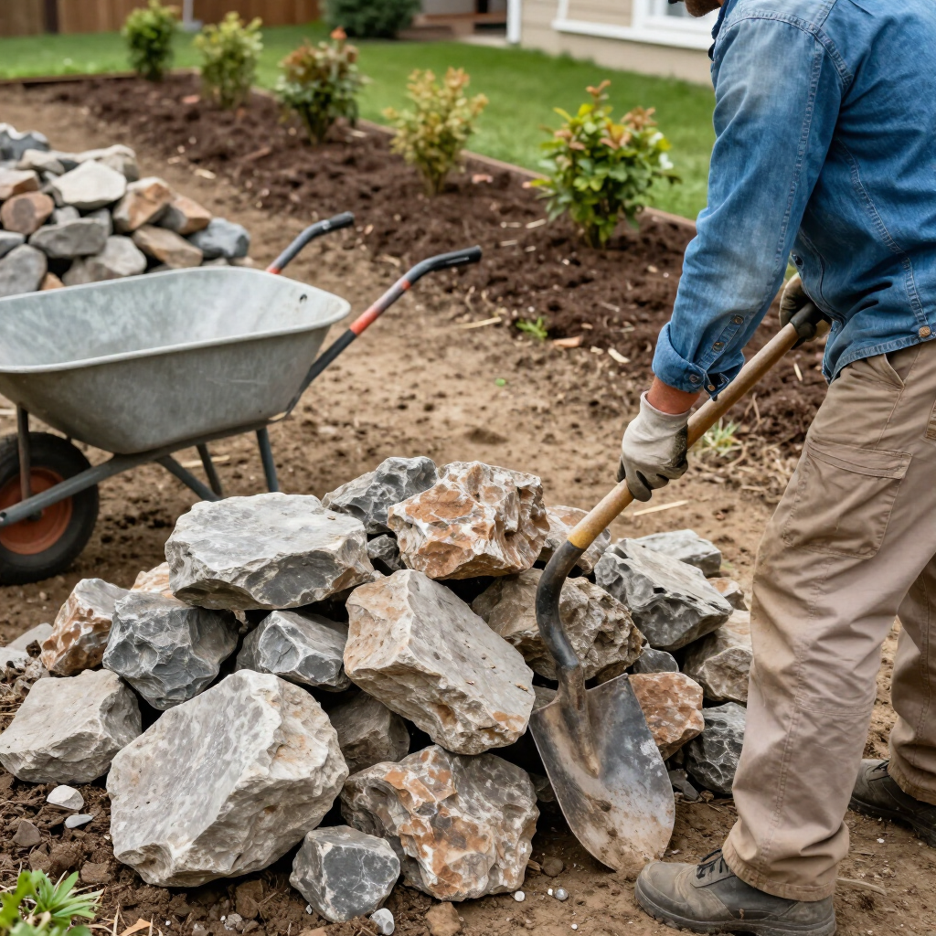 Person shoveling a pile of rocks beside a wheelbarrow in a garden bed