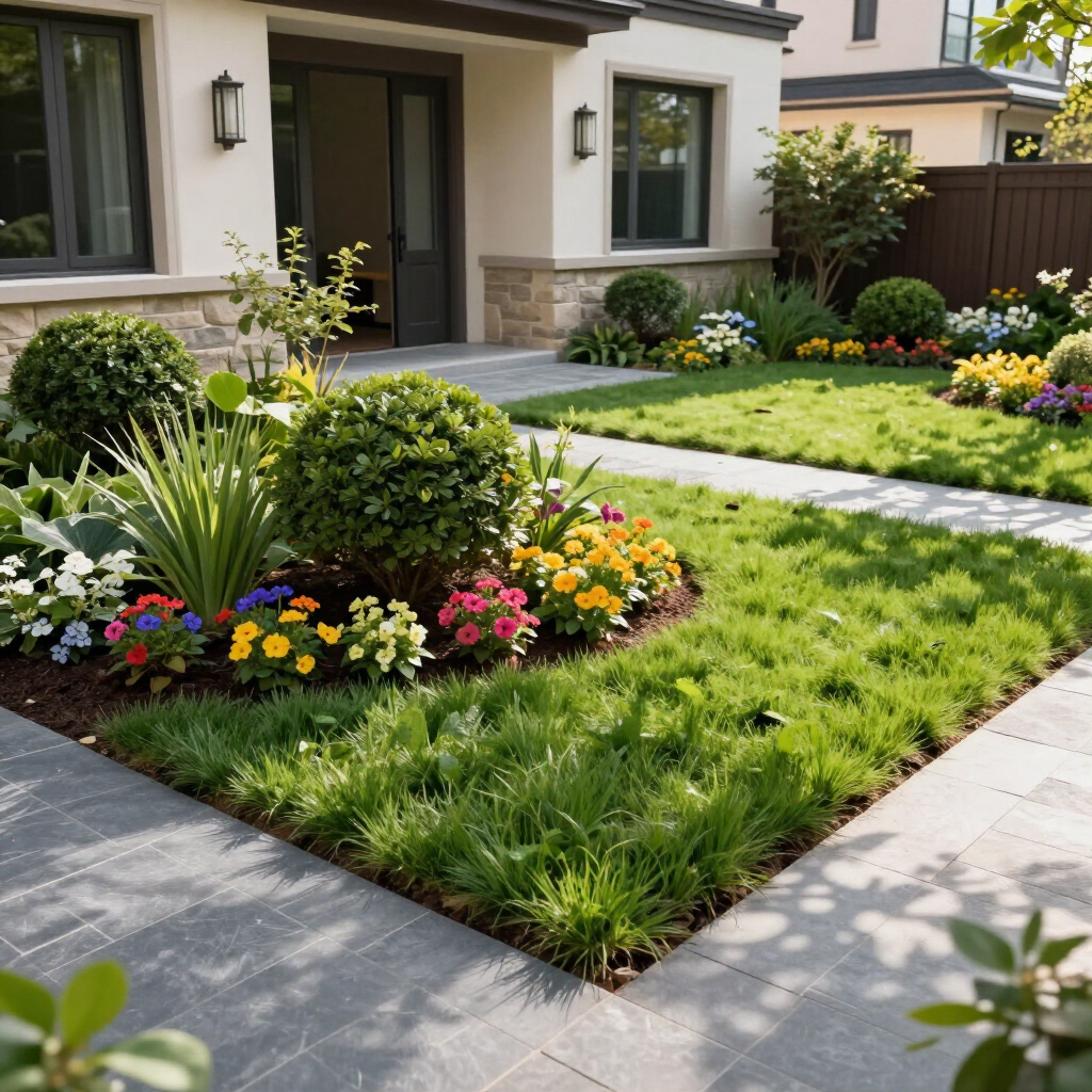 Front yard with colorful flower beds, trimmed shrubs, and green lawn beside a house entrance