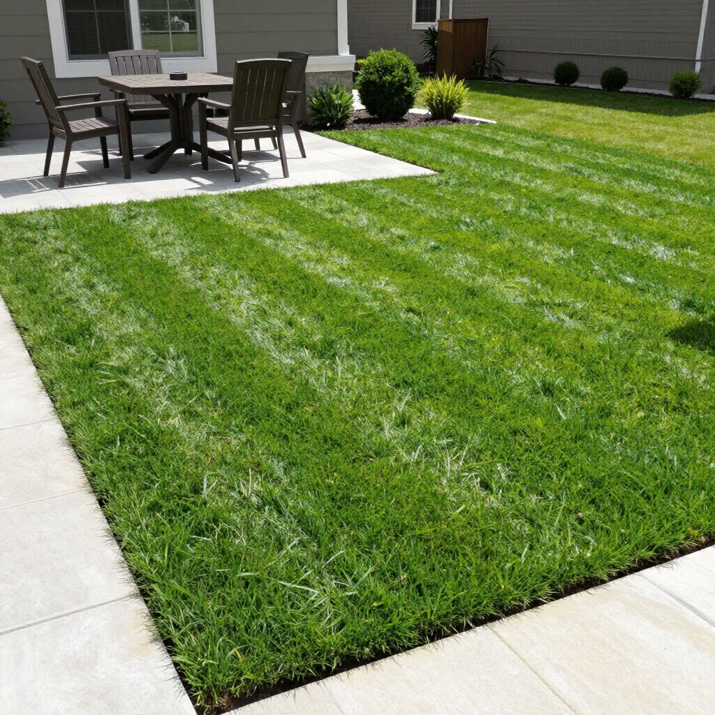 Mulched garden bed with shrubs and a young tree beside a green lawn and house.