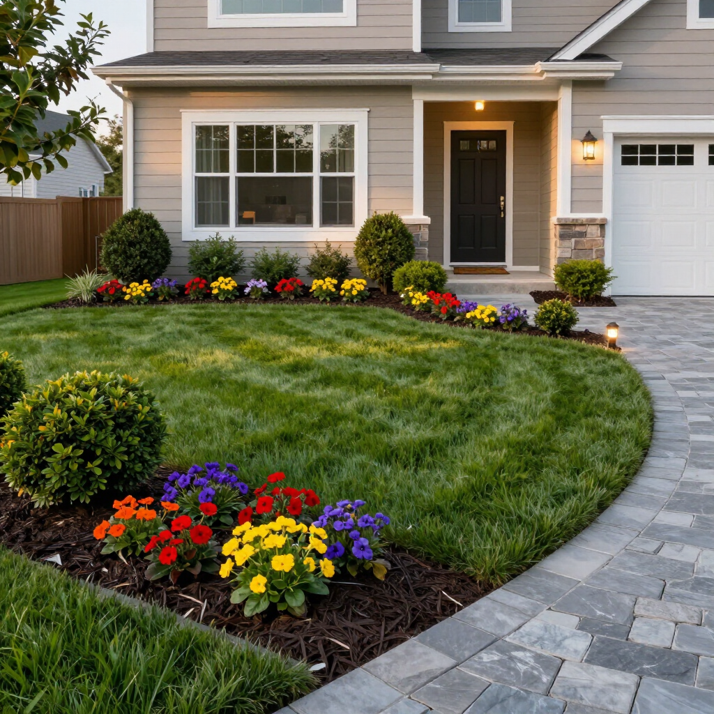 Front yard of a suburban house with colorful flower beds, green lawn, and a stone walkway