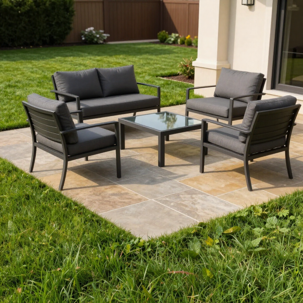 Outdoor patio seating set with black chairs, loveseat, and glass-top table on stone paving by a lawn