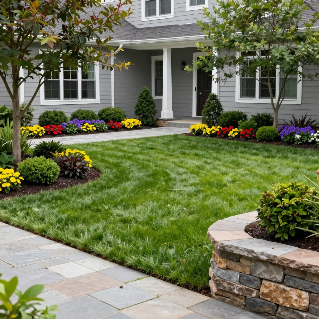 Front yard with green lawn, colorful flower beds, and a gray house with a covered porch