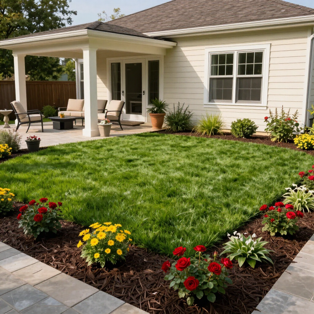 A tidy backyard patio with a green lawn, flower beds, and outdoor seating beside a cream house.