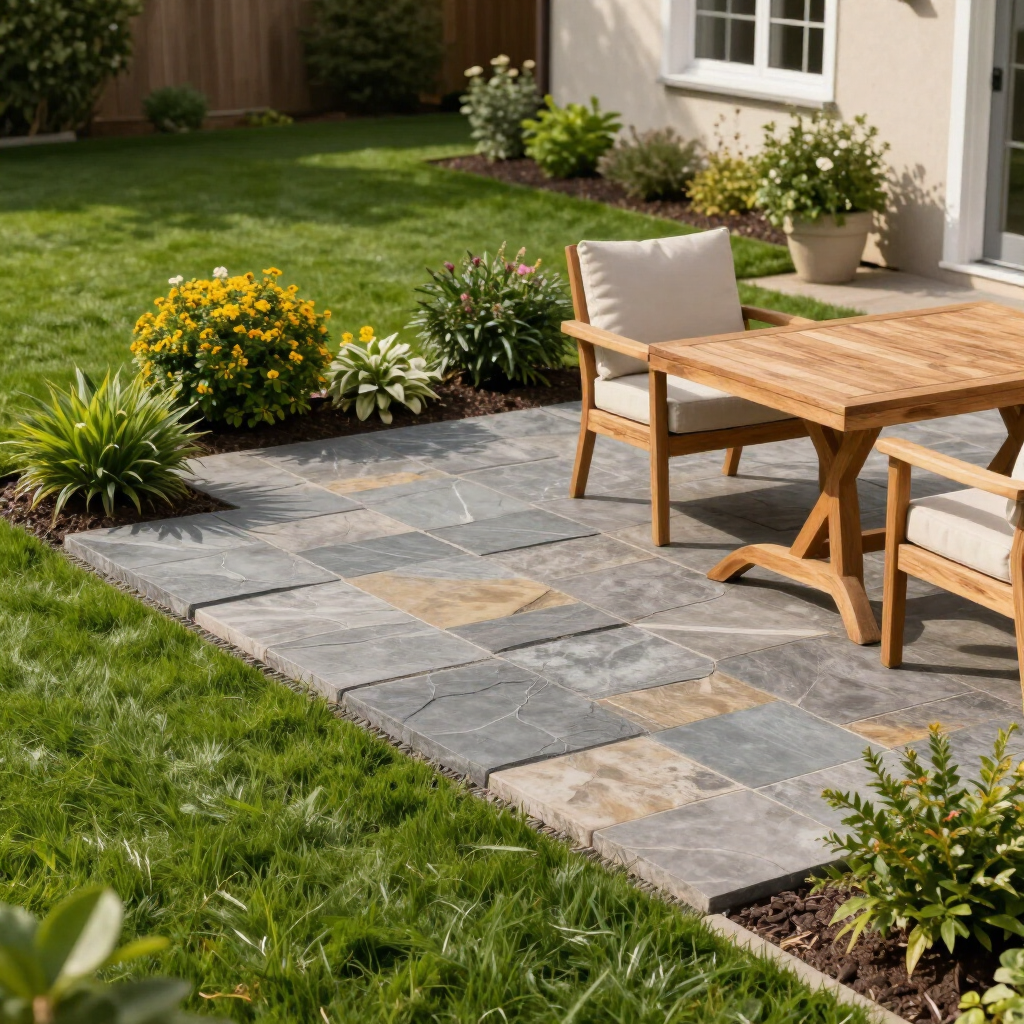 Patio with stone pavers, wooden table and chairs, bordered by green lawn and flowering shrubs