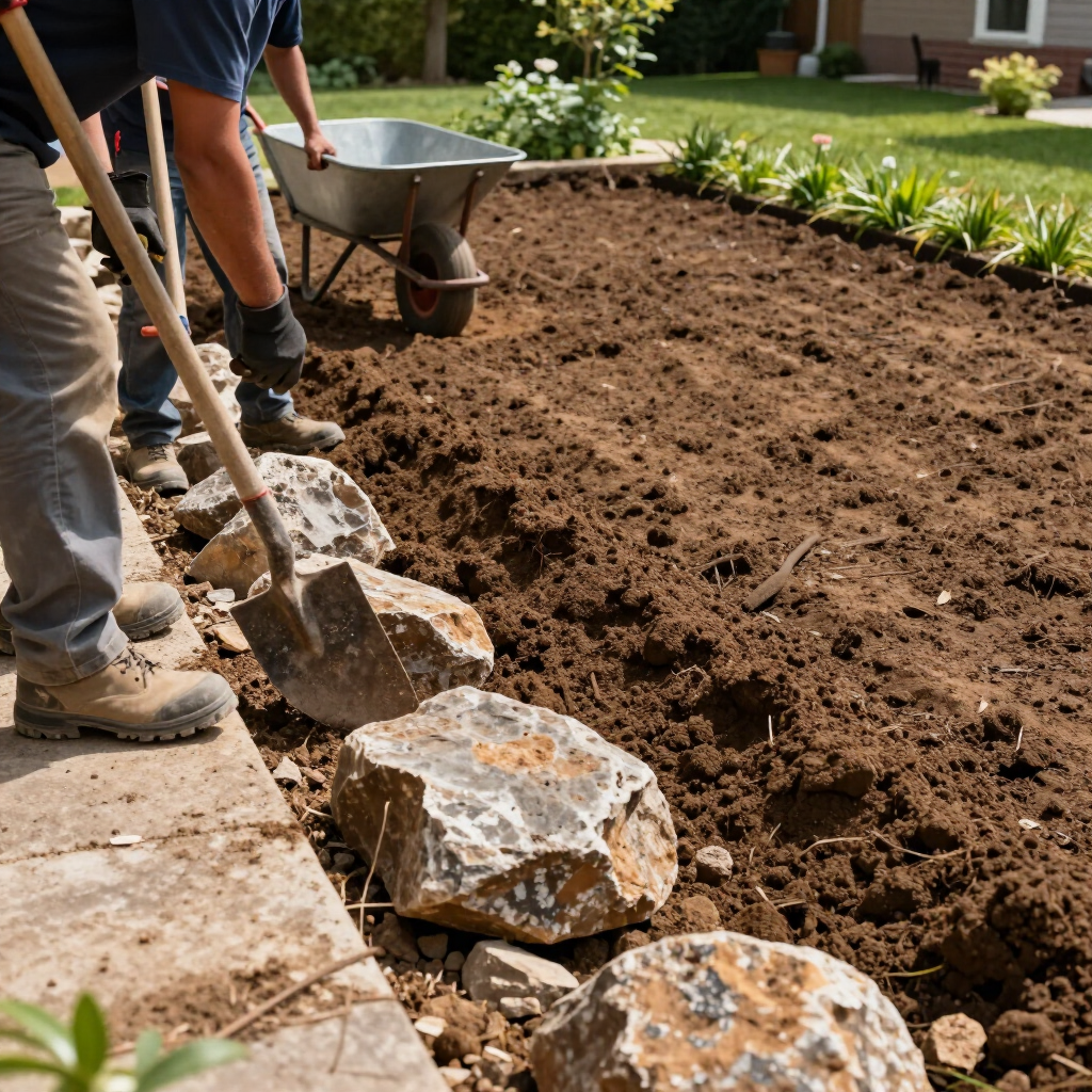 Workers shoveling soil beside a garden bed with a wheelbarrow and stacked rocks