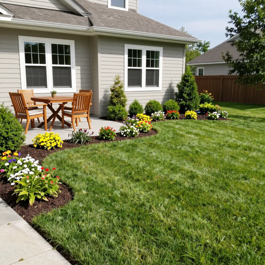 Backyard patio beside a house with wooden table and chairs, colorful flower beds, and a green lawn