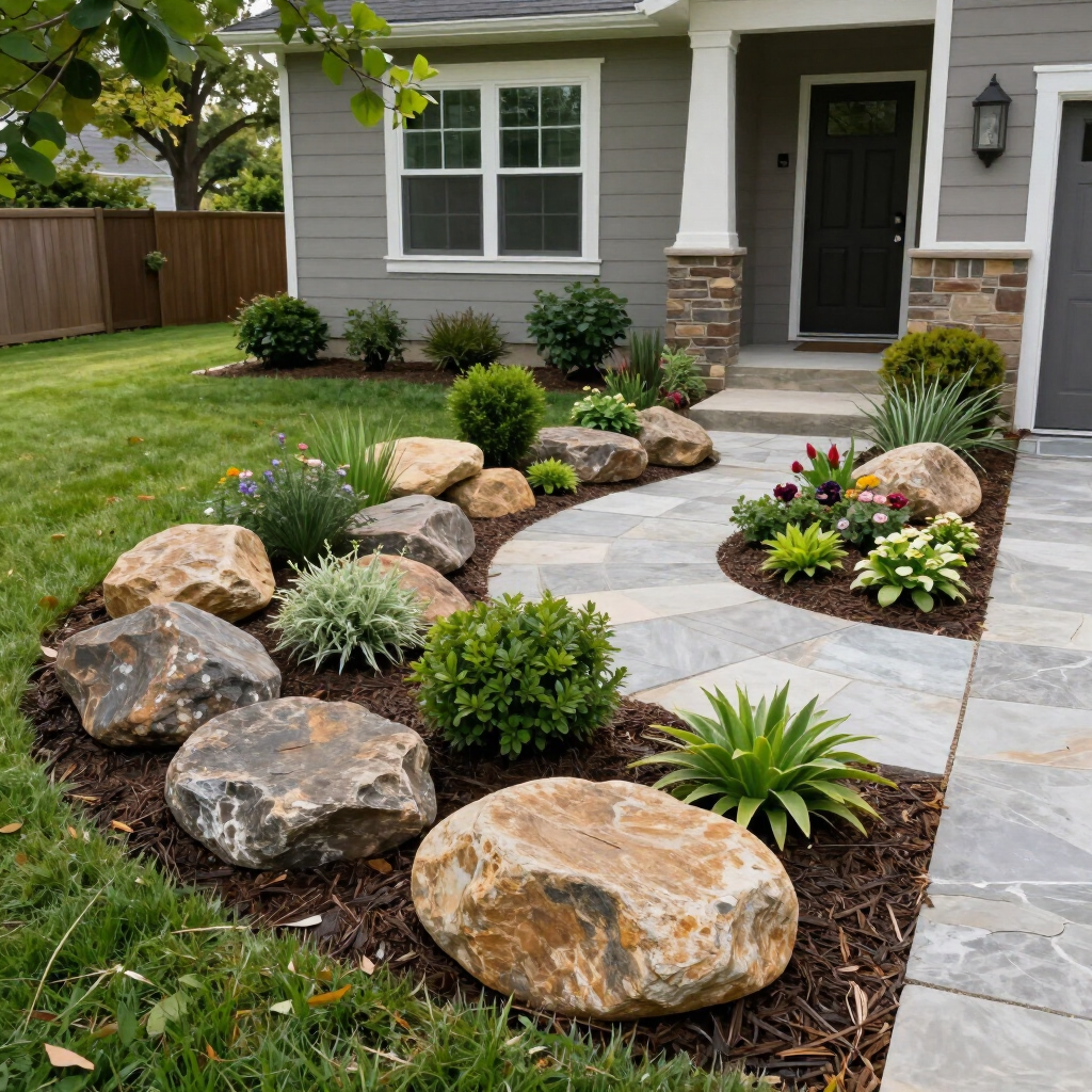 Front yard landscaping with large rocks, mulched flower beds, and a stone walkway leading to a house entrance