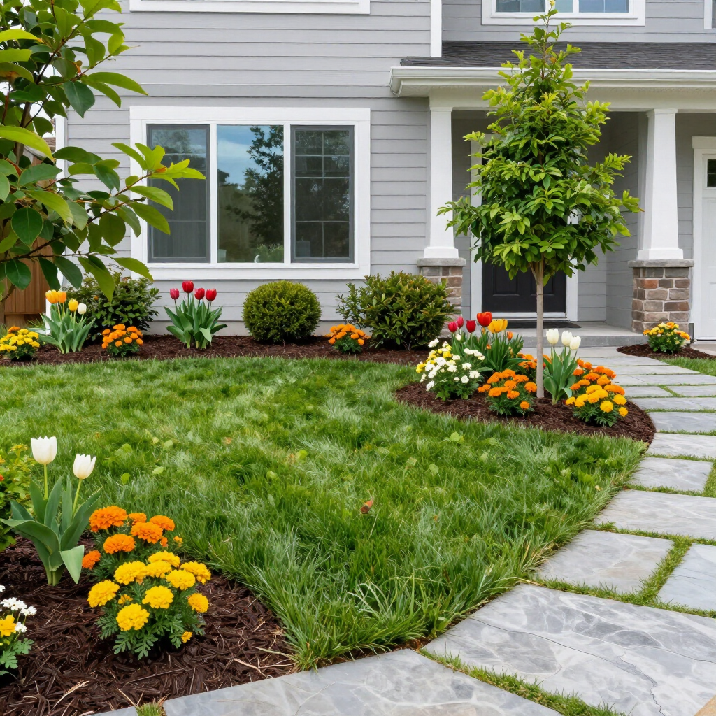 Front yard with green lawn, flowering beds, young tree, and stone walkway beside a gray house